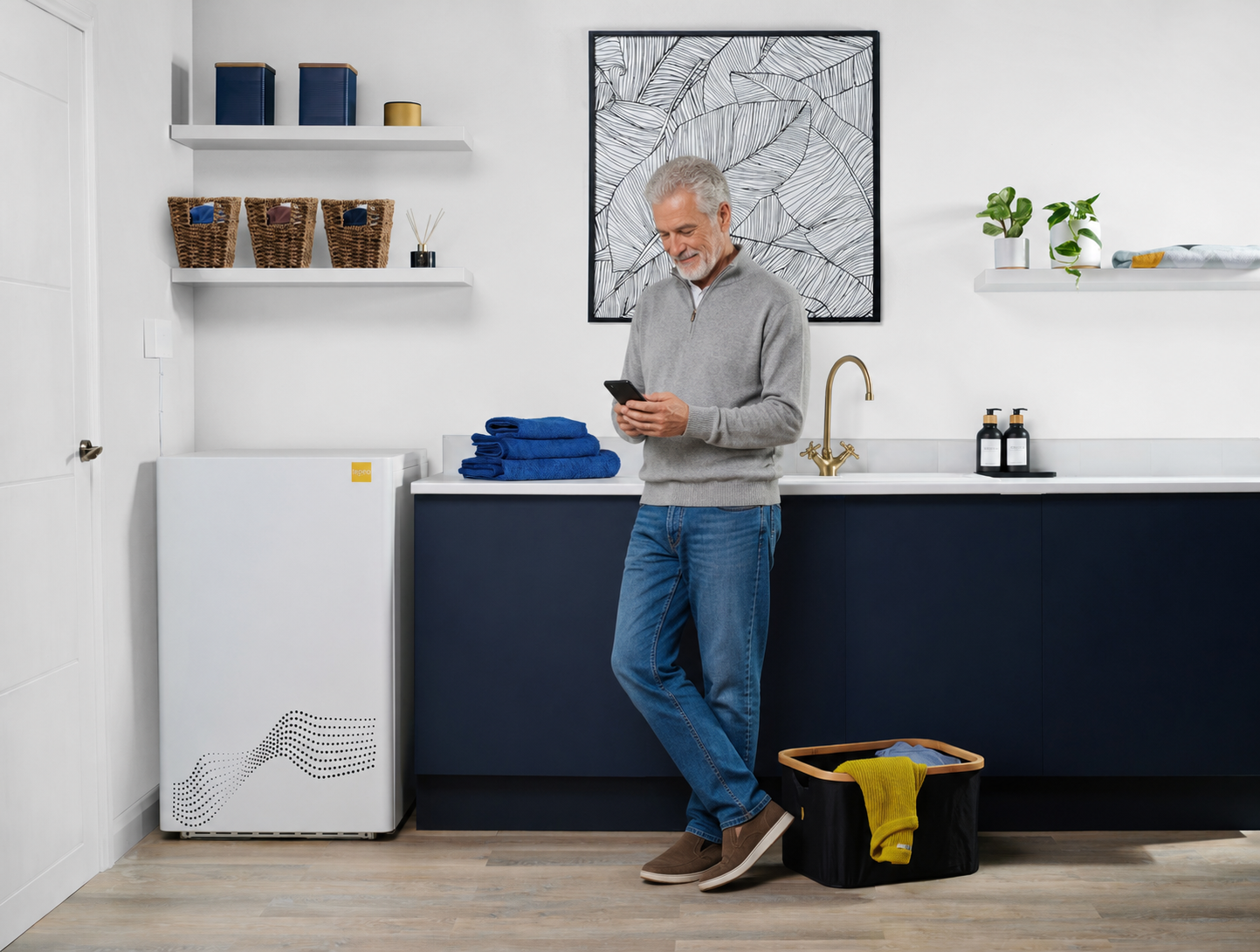 man with zeb in utility room